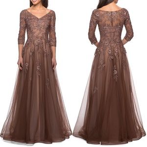 La Femme Floral Appliqué A-Line Formal Gown in Cocoa Size 14